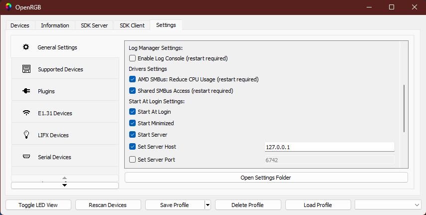 OpenRGB General Settings